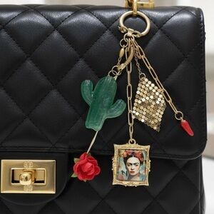 Frida Kahlo Bag Charm Gold Enamel Keychain Folk Art Succulent Flower Red Ros Y2K